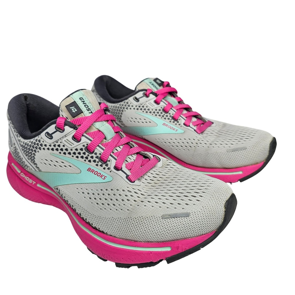 Brooks Ghost 14 Women 7.5 Grey Pink Running Shoes Athletic Sneakers